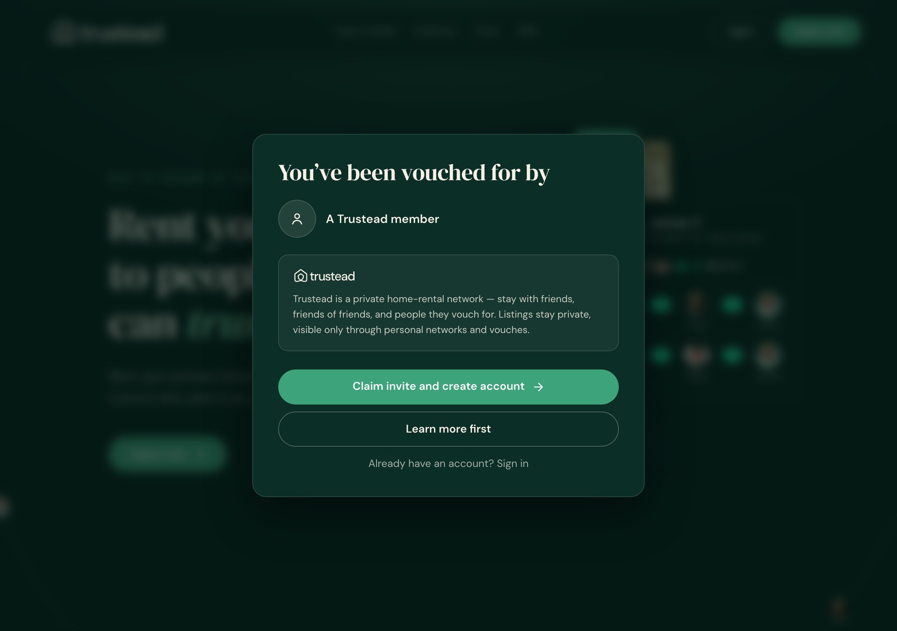 The invite arrival pop-up on desktop, showing the Sign in line